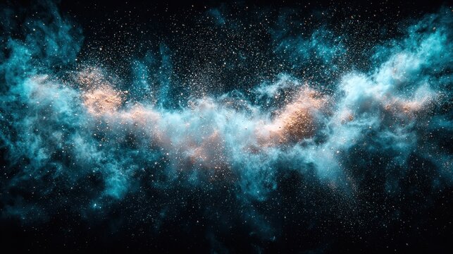 Ethereal cloud of teal and peach dust against black; spacey, dreamlike
