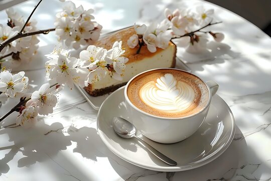 Cappuccino with latte art and cheesecake on white table with cherry blossoms, bathed in soft morning light creating delicate shadows.