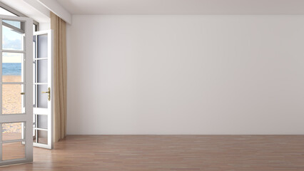 An Empty Bright Hotel Interior. A Frontal View of the Interior with White Walls, Parquet Floor and Open Glass Doors Leading to the Beach. 3D rendering, 8K Ultra HD, 7680x4320, 300 dpi
