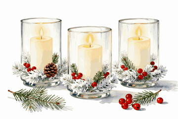 Holly Jolly Art Christmas Candles in Jars isolated watercolor vector illustration svg