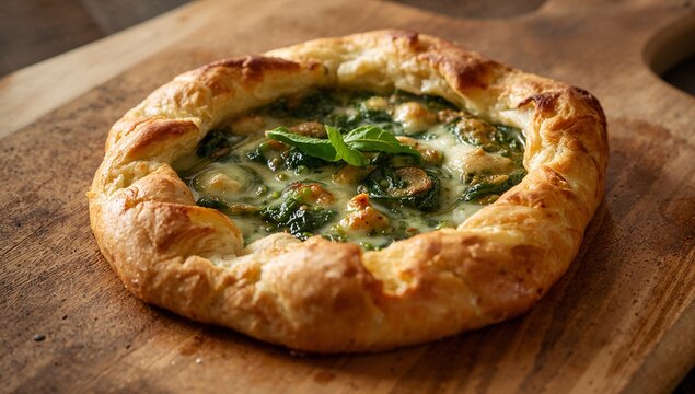 Showing rustic savory galette resting on wooden board, featuring spinach, melted cheese, basil - Powered by Adobe