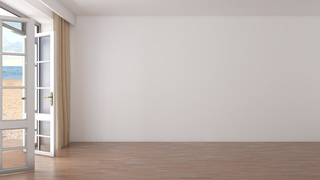 An Empty Bright Hotel Interior. A Frontal View of the Interior with White Walls, Parquet Floor and Open Glass Doors Leading to the Beach. 3D rendering, 8K Ultra HD, 7680x4320, 300 dpi