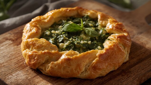 Displaying rustic spinach-and-cheese galette sitting on wooden cutting board in kitchen, with basil