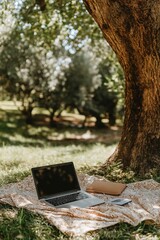 Laptop on patterned blanket on green grass under large tree. Concept of remote work, digital nomad lifestyle, and studying outdoors