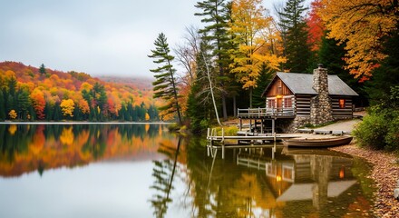 A log cabin on a lake surrounded by fall foliage with a boat and dock on a cloudy day in autumn