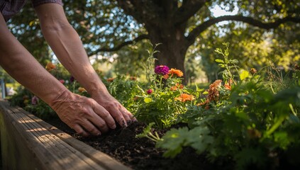 Pressing gardener hands smoothing soil in raised planter in checked shirt, orange magenta blooms