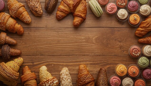 Framing empty wooden surface on rustic table with assorted croissants, frosted cupcakes, macarons