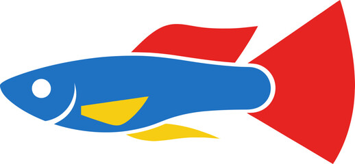 Graphical illustration of a vibrantly colored fish icon isolated on a black background