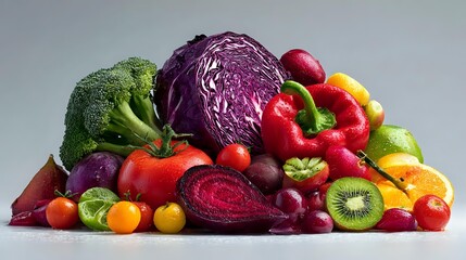 Fresh colorful vegetables and fruits arranged in vibrant composition, showcasing healthy organic produce for nutrition, diet, and clean eating concepts.