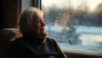 Sitting woman in cushioned seat gazing at frosted window, snowy sill in dark turtleneck, copy space