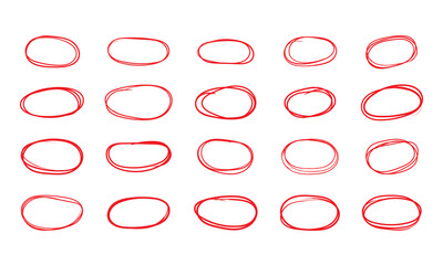 Doodle Hand-Drawn Brush Circle. Red Grunge Circle and Oval Frames. Hand Drawn Red Highlighter Circles.. Rough Brush Circle Outline Collection.