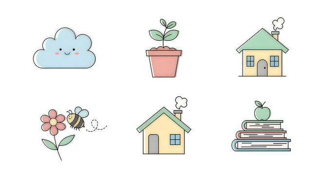 Cute cartoon icons featuring a cloud plant house bee flower and books arranged