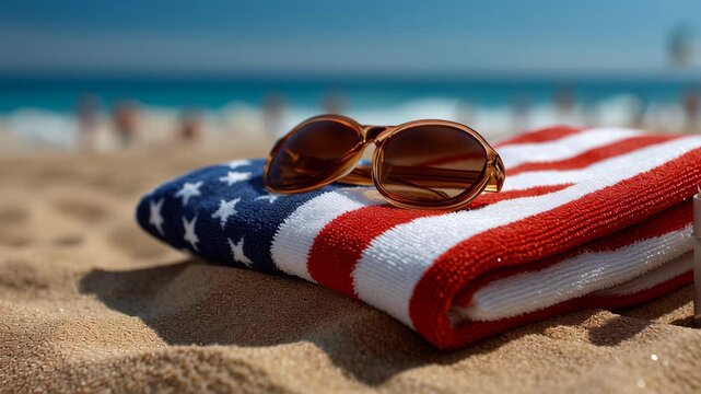 American flag beach towel and sunglasses on sandy ocean shore, bright summer day with sand and relaxation vibes for vacation fun