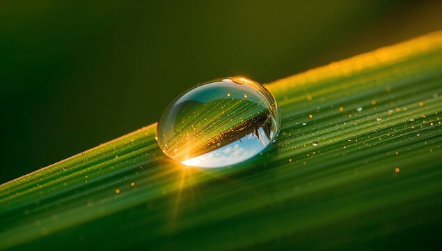 Capturing spherical dew droplet inverting sky on blade leaf in meadow with dew beads, sun highlight