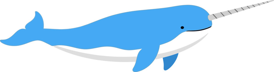 Simple illustration of a blue narwhal with a horn swimming in a black water background © dinny