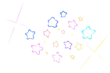 Whimsical glowing cartoon stars with colorful soft outlines and sparkling starbursts for magical festive design elements