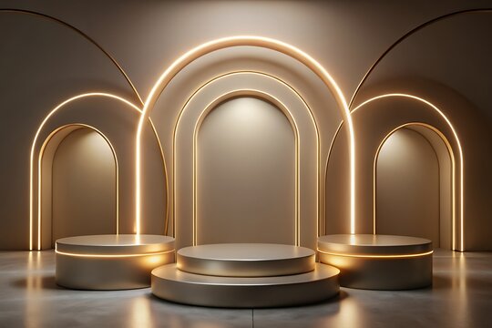Luxurious golden arches with illuminated pedestals and neon lighting - Powered by Adobe