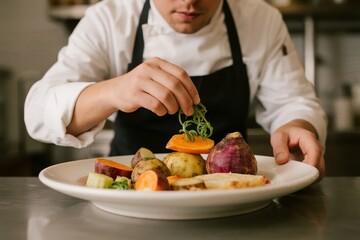 Chef garnishing a plate of roasted vegetables with fresh herbs in a professional kitchen