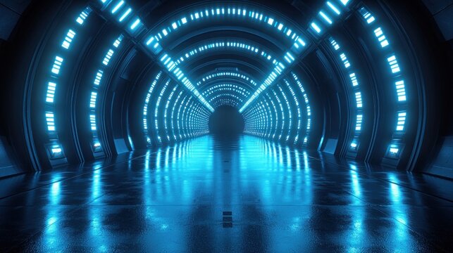 Glowing blue tunnel with reflective floor, receding to a dark sphere end