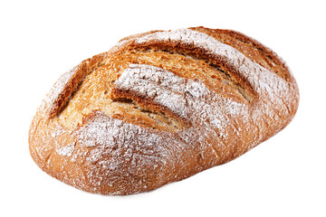 Freshly baked rustic loaf of bread, dusted with flour, isolated on transparent background