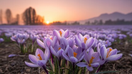 Field of purple saffron crocus flowers at sunrise
