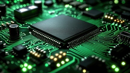 Obraz premium Green circuit board with central black chip, detailed circuitry