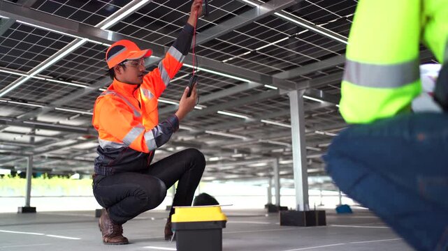 Engineers testing solar panels with electrical tools to ensure system efficiency.