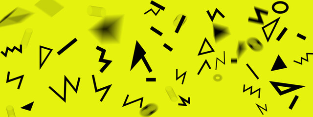 abstract background with yellow lines, Retro abstract design yellow pattern background with colorful triangles, circles, lines and zigzags. Memphis style with geometrical shapes