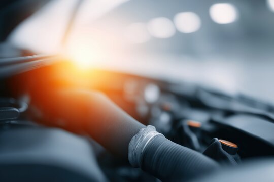 Car engine service or maintenance in workshop. Bright light flare illuminates component. Professional automotive repair and inspection concept