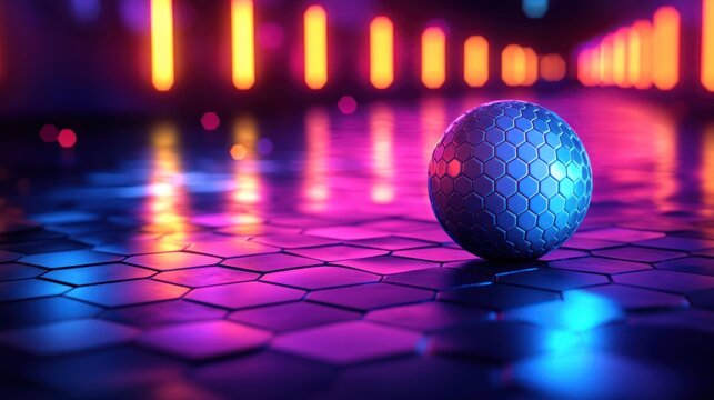 Hex-patterned sphere on glowing, geometric floor with warm, neon lights in background