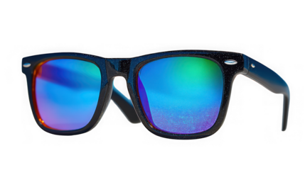 Black frame sunglasses with vibrant blue, green, and purple reflective lenses, perfect for summer fashion, isolated on transparent background