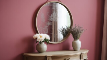 Round antique mirror with floral arrangements on wooden console