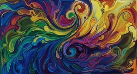 A dynamic flow of digitally enhanced rainbow colors in a swirling abstract pattern