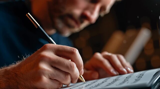 Man writing music composition with pen on sheet and paper, focused on creative writing of music notes in dim light environment
