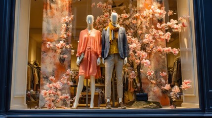 A clothing shop window display showcasing the latest seasonal styles, with mannequins dressed in trendy outfits.