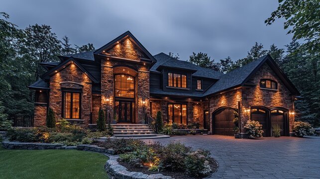 Large stone house with lighted windows, set amongst trees at dusk