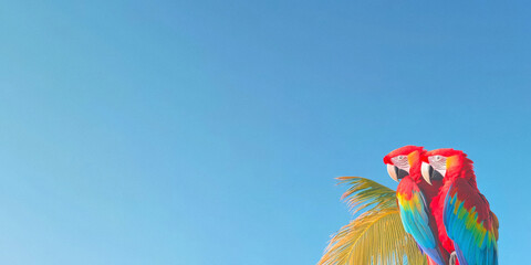 Two parrots are perched on a palm tree. The sky is blue and clear.