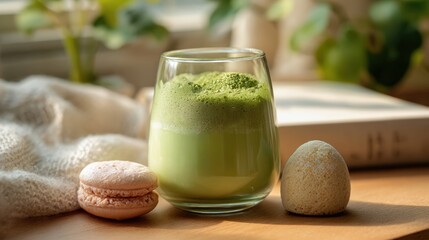 Glass mug of matcha tea with kawaii face design