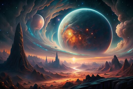 Alien planet landscape with giant glowing orb and futuristic cityscape