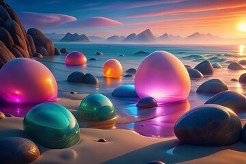 Glowing easter eggs on a beach at sunset