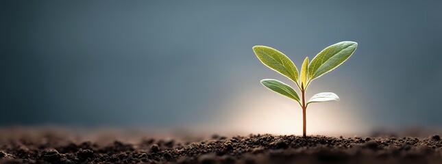 Young green seedling sprouting from rich soil against dark background with soft light, symbolizing growth, new beginnings, and environmental sustainability.