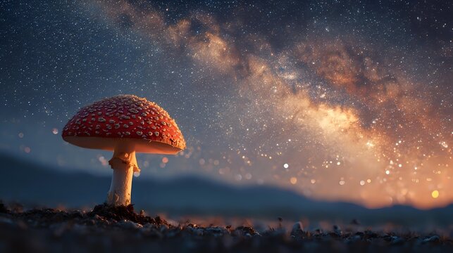 Glowing red mushroom against cosmic night sky with vibrant Milky Way galaxy and stars illuminating magical forest scene.