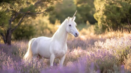 Fototapeta premium Majestic white unicorn with spiral horn standing in blooming lavender field at golden hour, fantasy creature in dreamy natural landscape.