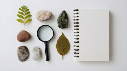 Top view scientific discovery science concept tools, rocks and leaves arranged neatly