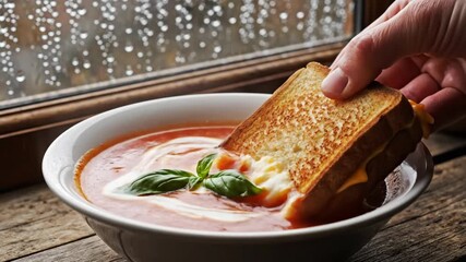 Creamy Tomato Soup with Grilled Cheese Dipped on a Rainy Day. - Powered by Adobe