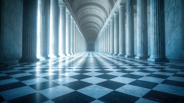 Long corridor with white pillars and checkered floor receding into bright light