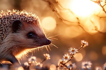 Adorable hedgehog in golden sunset light with bokeh background, exploring dried wildflowers in autumn or winter nature setting.