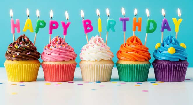 Five colorful cupcakes with frosting in a row, topped with lit candles spelling Happy Birthday. Perfect for party invites, greeting cards, and celebration themes. - Powered by Adobe