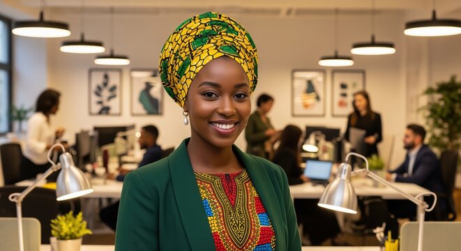 A smiling woman wearing a colorful yellow and green headwrap with a matching traditional print top and green blazer stands in a modern office. Perfect for business diversity and workplace content.