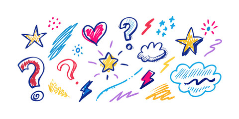 Hand drawn doodle elements stars question marks lightning